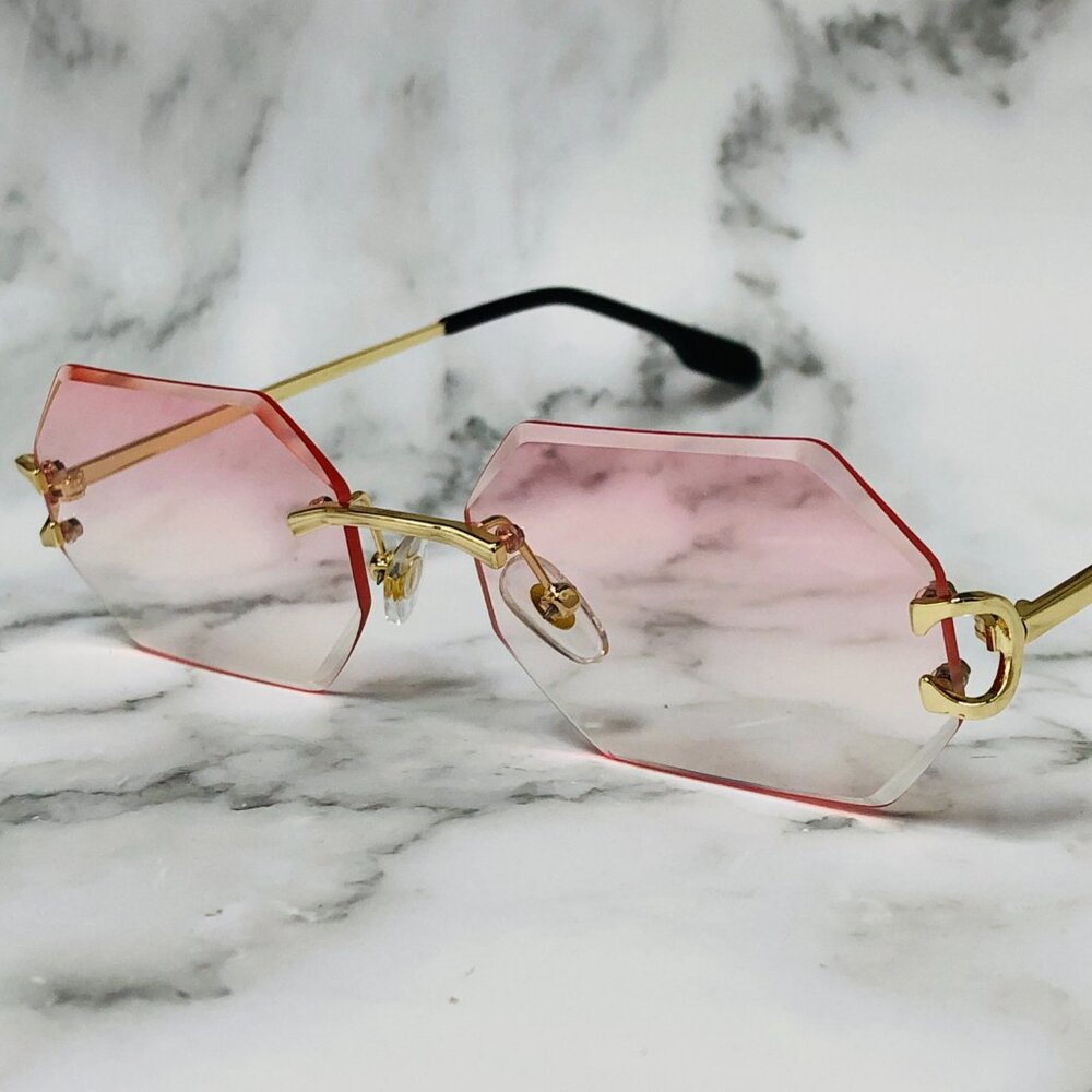 Men Women Sunglasses Pink Lens Rimless Luxury Retro Shades Gold Metal Lentes New
